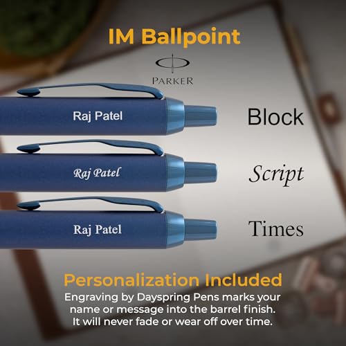 Image of Parker IM Engraved Ballpoint Pen, Monochrome Blue All-Metal Trim, Quink Blue Ink, Personalized Gift for Graduation, Career Advancement, Birthdays, New Job, Parker Gift Box Included