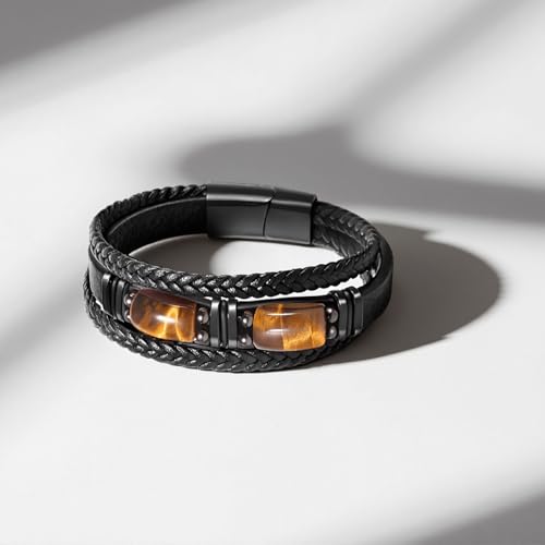 Tiger Eye Black Leather Bracelet Men Natural Tiger Eye Gemstone Crystal Stone Jewelry Handmade Courage And Stress Relief Protection Bracelet4