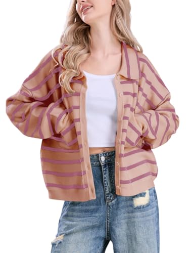 Image of chouyatou Women's Button Down Striped Cardigan Sweater Polo Collar Open Front Knit Jacket 2024 Fall Outfits