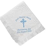 Personalized Embroidered Baby Christening Blanket - White Waffle Shawl with Ribbon & Fringe, Custom Baptism Gift for Boys & Girls, Naming Day Keepsake