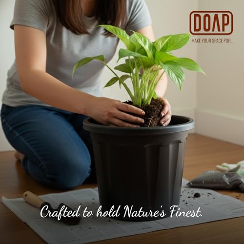 Image of DOAP UV Protected 12 Inch Plastic Garden Large Flower Pots, Terracotta Color, Pack of 7, Indoor & Outdoor Balcony Planter, 12x10 Inch Gamla, Weather Proof, Non-Fading, Lightweight (7, Black)