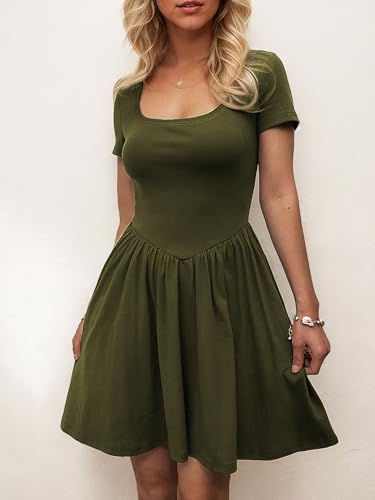 Image of Mieazom Women's Summer Casual Short Sleeve Mini Dress Square Neck A Line Pleated Swing Dresses Basic Short Dress with Pockets