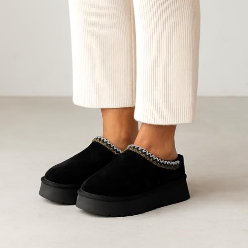 Image of CUSHIONAIRE Kabuki Platform Boots Genuine Suede Fuzzy Mule Slippers for Women with Memory Foam | Indoor /Outdoor Womens Slippers | Wide Widths Available