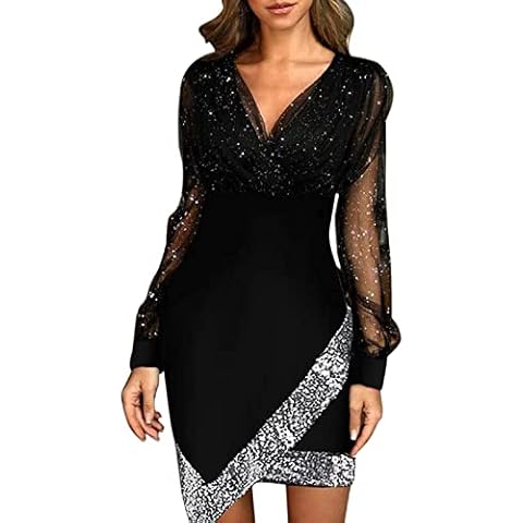 Vestido Sexy de Fiesta Vestido de Cuello en V con Manga Larga Transparente Mujer Vestido Corto de Lentejuelas/a Rayas Cover