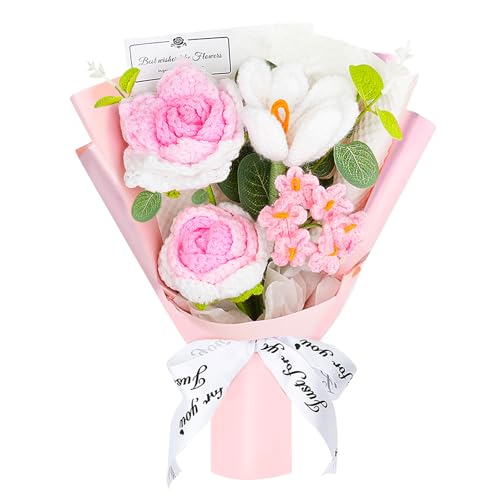 KELOVEYU Crochet Flower Bouquet Handmade Crocheted Flowers - Elegant Rose, Tulip & Forget Me Not Set, DIY Home Decor, Wedding Gift, Mother’s Day Present, Spring Decoration