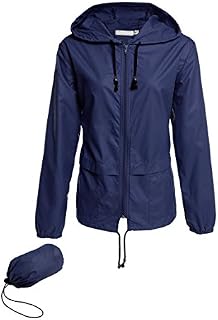 Hount Women's Lightweight Travel Trench Waterproof Raincoat Hoodie Rain Jacket (M, Navy Blue)