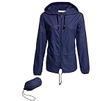 Hount Women's Lightweight Hooded Raincoat Waterproof Packable Windbreaker Jacket (L, Navy Blue)