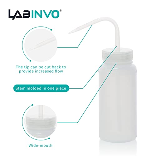 LABINVO 6pcs of Economy Wash Bottles, Vol.500ml (17oz), Wide-Mouth, Self-Venting Safety Wash Bottles, LDPE Material, IN-WBW500