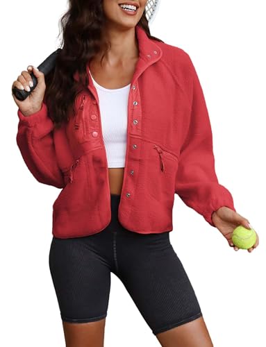 ReachMe Womens Sherpa Jacket Casual Lapel Button Down Cropped Fuzzy Fleece Jackets Long Sleeve Winter Coats with Pockets - Image 4