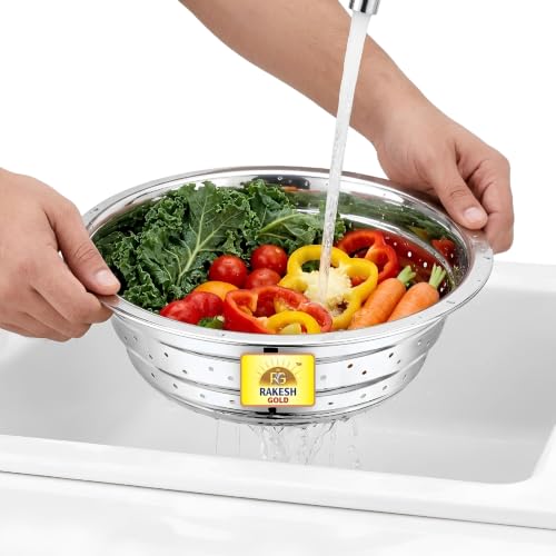 Image of Rakesh Gold Stainless Steel Colander & Strainer for Kitchen Use - Multi-Use Channi /Steel Chalni with Holes for Washing Rice, Fruits, Vegetables & Wheat (Regular Size) (Small Size, Colander)