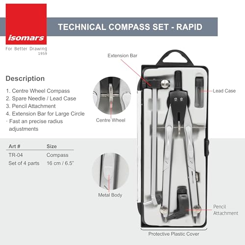 Image of Isomars Technical Drawing Compass Set | 4-Piece Engineering and Architectural Tools with Case | Rapid Adjustment Compass (Set of 4)