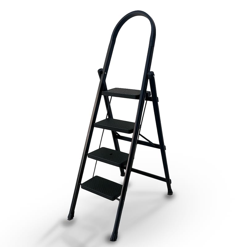 Image of PROHOME Steel Ladder for Home 4 Steps Foldable with Anti-Skid Wide Steps (30cm x 20cm) | 4 Step Ladder for Home Use with D-Shape Rods | Secure Lock | 150 Kg Capacity Folding Ladder | 5 Year Warranty