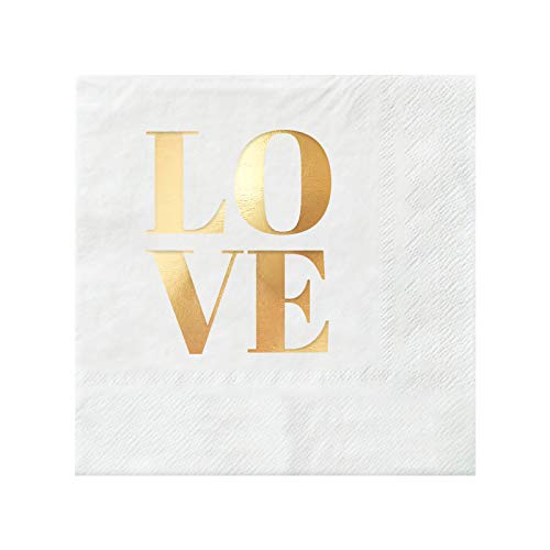 Gold Foil Cocktail Napkins, 100 Pack for Wedding Reception, Special Occasions, Engagement Party, 3 PLY Folded 5" x 5" Coctail Napkins, Saying "LOVE"