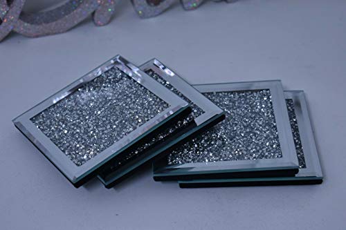 Biznest Set Of Coasters & Placemat Crushed Crystal Sparkle Diamond Glitter Mirrored Silver Home Décor Eye Catching Lovely Display - Image 8