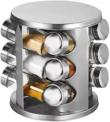 Porta Temperos Giratório 12 Potes Vidro com Tampa Inox – Elegante, Compacto e Prático para Organização da Cozinha - Premium