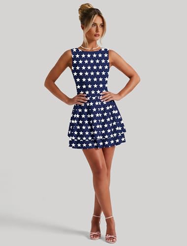 Image of IWD Women's Boat Neck Sleeveless Mini Dress Ruched Waist Flowy Tiered Ruffle Hem A Line Party Short Dresses