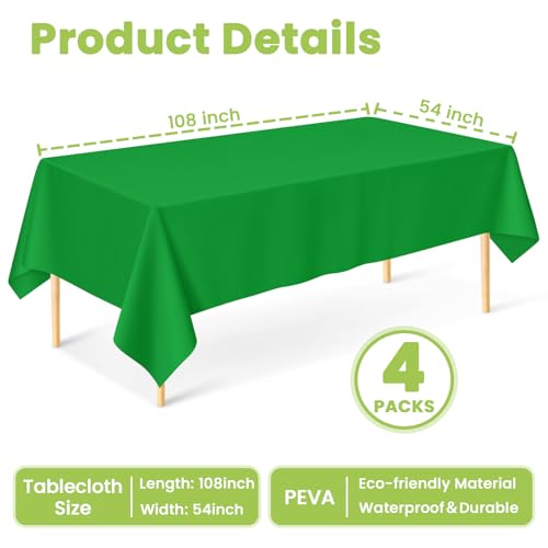 Image of Mulbozy Green Plastic Table Cloth Disposable 4 Pack, 54 x 108 Inch Tablecloths Rectangle, Green Plastic Table Cover for Party Decor