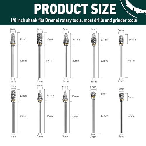 Image of Carbide Burr Set Compatible with Dremel Rotary Tool, 10Pcs Die Grinder Bits Accessories with 1 /8 inch Shank for Metal Grinding Wood Plastic Stone Steel Carving Cutting Engraving