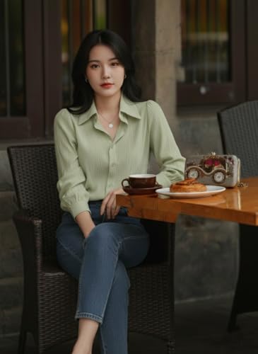 Image of Women's Button-Down Shirt Blouse with Long Sleeves