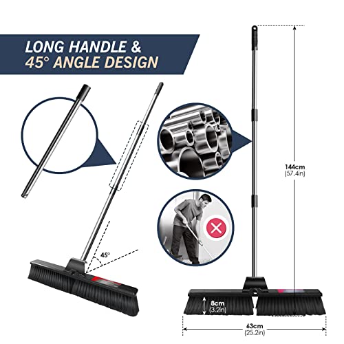 Hevol Push Broom, 24" Wide Floor Scrub Brush With Stiff Bristles And 57” Long Stainless Steel Handle, Garage Heavy Duty Broom Outdoor Push Broom For Bathroom Kitchen Yard Patio Deck, Black #TOP1