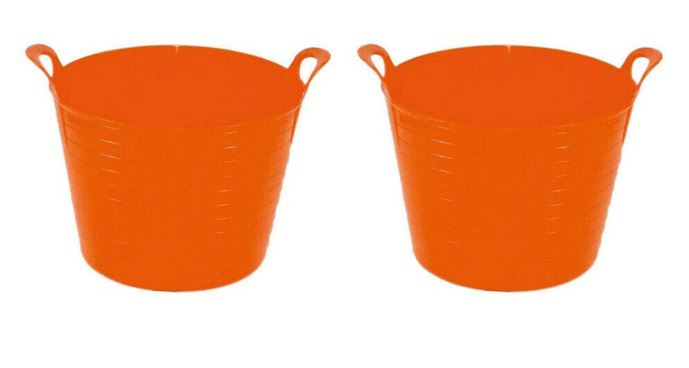 (Set of 2) - Orange Flexi Tub Multi-Purpose Flexible Colour Water Storage Container Bucket Robust Trug Polyethylene Flex Tub Trug Tub For Home Garden Builder Animal Feed Toys MADE IN U.K (26L Litre)