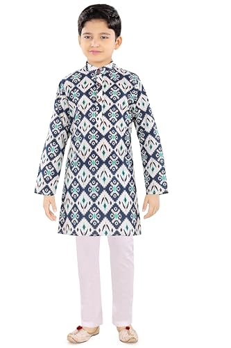 Image of TinySteps Boys Cotton Kurta Pajama | Traditional Ethnic Wear Pure Cotton Printed Kurta With Elastic Waist White Pajama