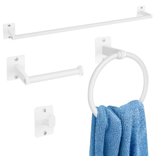 KLJKPA Juego de accesorios de baño, juego de 4 piezas de accesorios de baño blancos, barra de toalla de 24 pulgadas, toalleros para baño, ganchos para toallas, soporte de papel higiénico montado en la