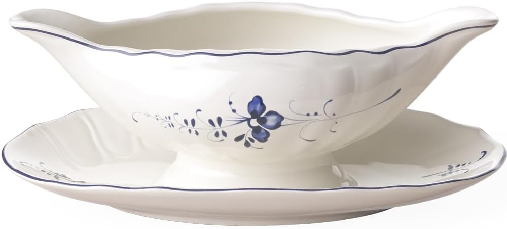 Villeroy & Boch Vieux Luxembourg Gravy Boat with Stand (1 piece), 14 oz, Premium Porcelain, White/Blue