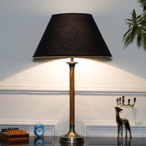 Image of Waldorf Wood and Metal Table Lamp with Black Cotton Shade | Modern Designer Bedside & Living Room Decorative Table Light (Bulb Included)
