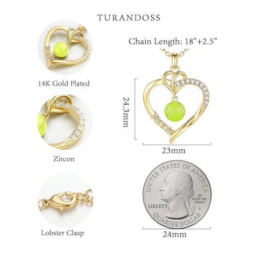 Turandoss Tennis Necklace for Women - Dainty 14K Gold Plated CZ Tennis Necklaces for Sports Lovers Personalized CZ Heart Pendant Necklaces for Women Sports Fans Teams