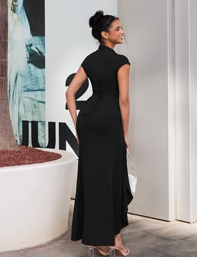 YMDUCH Women's Casual Short Sleeve Boat Neck Ruched High Split Bodycon Long Party Dress2