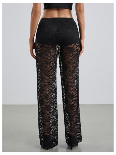 Women's Y2K Floral Lace See Through Pants Sheer Straight Leg Long Pants Club Wear3