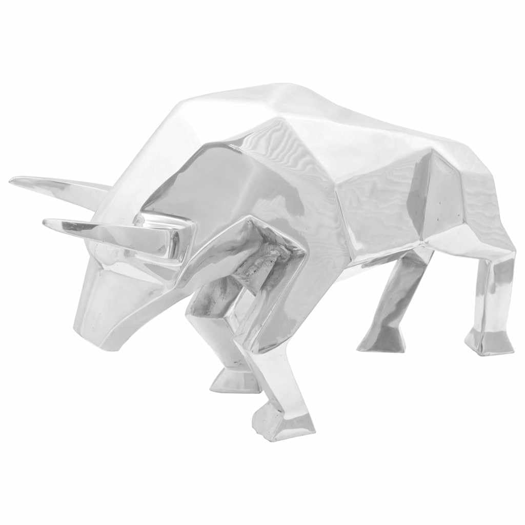 Silberne Bullen Figur Skulptur aus Aluminium, 74 x 23 x 30 cm Hochglanz, Deko Objekt für Wohnzimmer, Regal, Kaminsims, Fensterbank, Eingang, Sammlerfigur und Geschenk