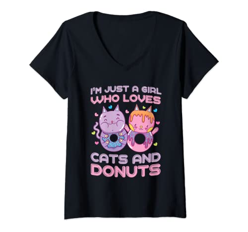 Womens Just a Girl Who Loves Cats and Donuts Funny Donuts Cat Gifts V-Neck T-Shirt