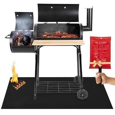 ejomo Under Grill Mats for Outdoor Grill Deck Protector - Black Under BBQ Grill Mat w/Fire Blanket & Corner Weights, Double-Sided Fireproof Design, Heat Resistance Up to 2000°F, Square, 40x60 Inches