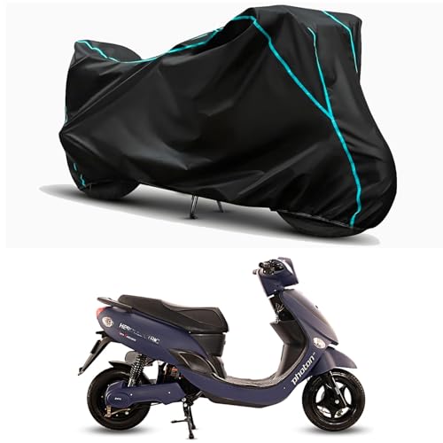 Image of Waterproof Bike Body Cover Compatible for | Hero Electric Photon LP | Taffeta Fabric, Sky Piping Design, Bottom Elastic Fit | Dustproof, Sun UV & Rain Protection for All Weather.