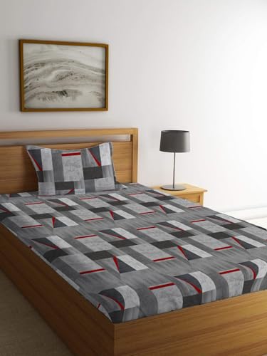 LOOMLYFE 300 TC Cotton Feel Glace Elastic Fitted Printed Single Bed Bedsheet with 1 Pillow Cover Fits Upto 6 Inches Mattress,Size- 42X75X8 Inches, GreyRedBox