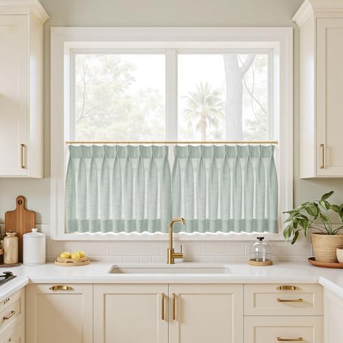 Image of TWOPAGES 26 inch inch W x 18 inch inch L Linen Blend Cafe Curtains for Kitchen Window, Light Filtering Pinch Pleated Tier Curtains, Modern Farmhouse Half Window Curtains for Small Window, Aqua, 2 Panels