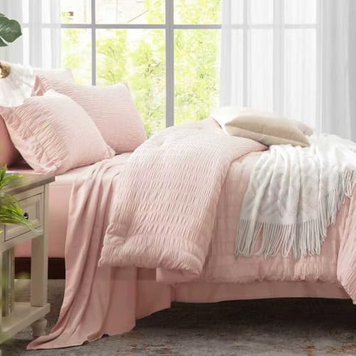 Image of Zzlpp Queen Comforter Set 7 Pieces, Pink Seersucker Bed in a Bag with Comforter and Sheets, All Season Bedding Sets with 1 Comforter, 2 Pillow Shams, 2 Pillowcases, 1 Flat Sheet