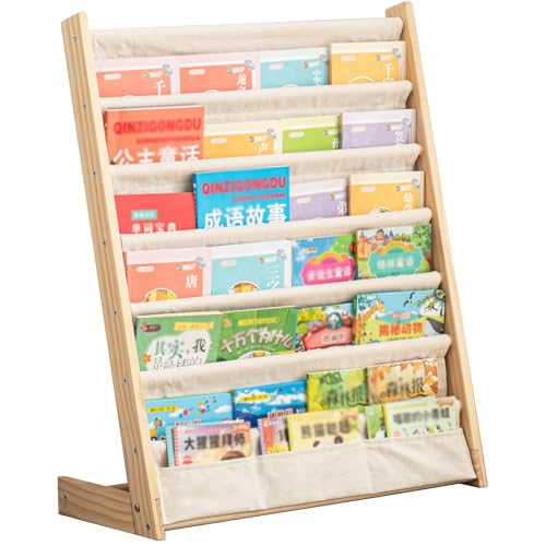 Image of CYMFBSFBU 7 Tier Wooden Kids Bookshelf Book Holder Natural Wood Book Rack Storage Bookshelf for Kids Room Study Room Play Room Toy Storage Organizer (W: 24.6")