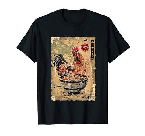 Pollo Mangiare Ramen Tagliatelle Giapponese Woodblock Ukiyoe Art Maglietta