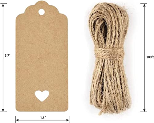 Gift Tags,100 PCS Kraft Paper Gift Tags with Free 100ft(30m) Natural Jute Twine for Christmas Holiday Gifts Wedding Favors Art Craft