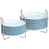 Piconico Plate Holder for Kitchen Drawer - Bamboo Dish Racks for Kitchen Counter, Stainless Steel Plate and Bowl Organizer for Cabinet, RV, Countertop (White-2S)