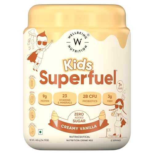 Image of Wellbeing Nutrition Kids Superfuel 7+years |Zero Added Sugar |9g Milk Protein Isolate, 23 Vitamins & Minerals, 100mg DHA, 3g Fiber, Probiotics |Height Growth, Immunity & Brain| Vanilla, Nutrition Drink Powder, 400g