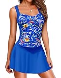 Ekouaer Swim Dress One Piece Bathing Suit Skirted Swimsuits for Women Ruched Retro Swimwear S-XXL (Small, Blue)