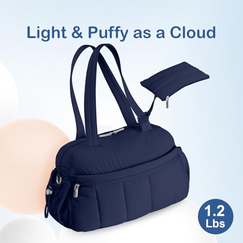 TOPDesign Travel Duffel Bag for Women, Puffer Gym Bag Sports Tote with Wet Pocket, Carry On Weekender with Luggage Sleeve (Navy Blue)4