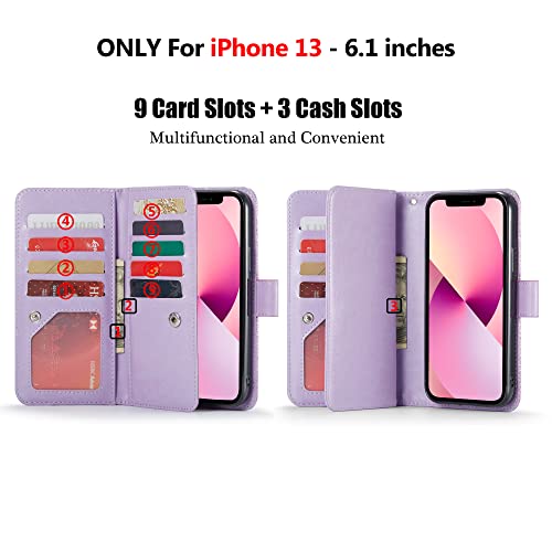 Varikke Iphone 13 Wallet Case - 9 Card Holder, Magnetic Detachable Cover, Kickstand Strap, Glitter Pu Leather, Light Purple #TOP1