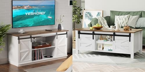 YESHOMY TV Stand Set with a Farmhouse Style Coffee Table,for Living Room,with Big Capacity, White