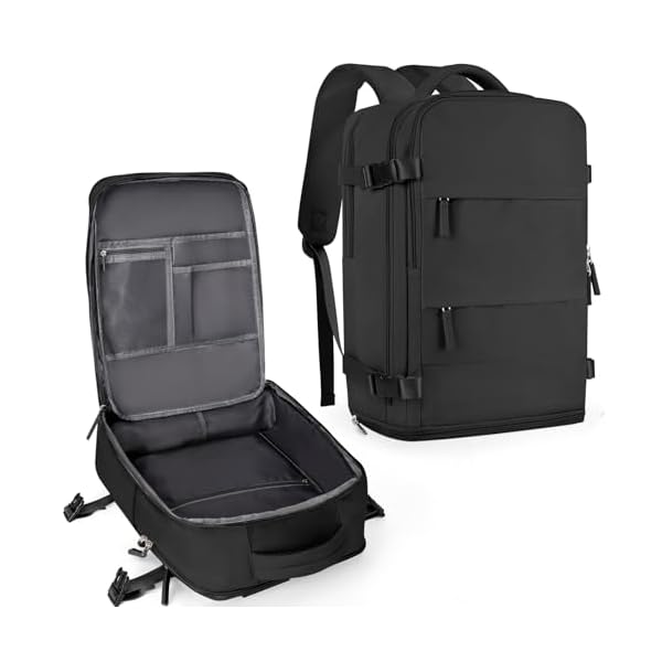 coowoz Large Travel Backpack For Women Men,Carry On Backpack Flight Approved,Hiking Backpack Waterproof Outdoor Sports Rucksack Casual Daypack Fit 15.6 Inch Laptop Shoes Compartment (Black)