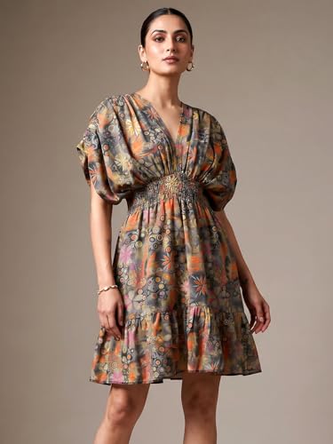 Image of ADDYVERO Women Balloon Sleeve Viscose Rayon Fit & Flare Printed Dress Detailing Above Knee /Mini
